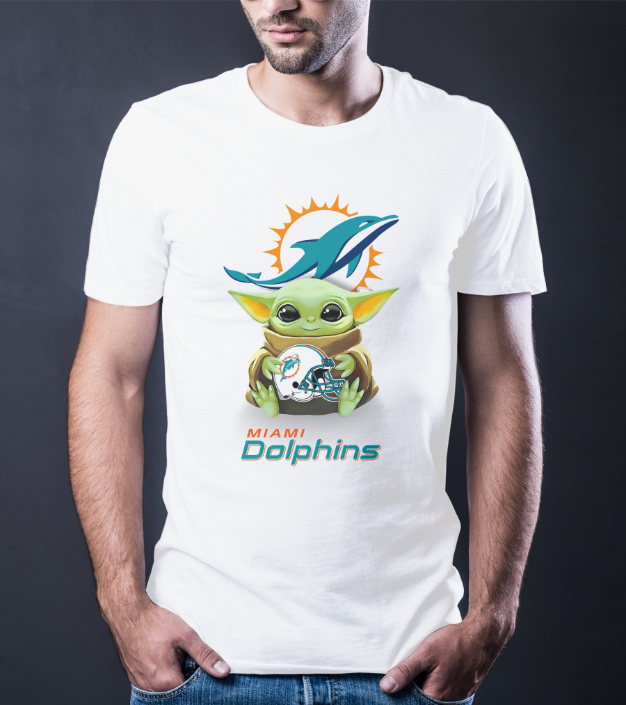 Star Wars Baby Yoda Miami Dolphins Helmet Hug White T-Shirt