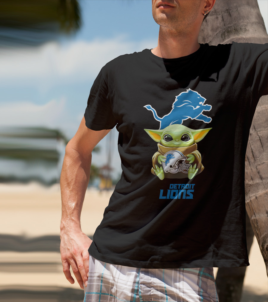 Grogu Holding Detroit Lions Helmet With Team T-Shirt