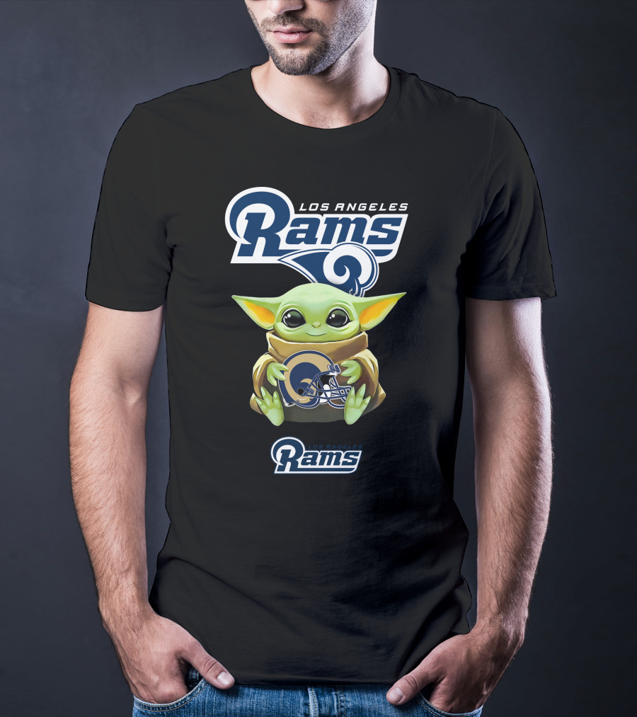 Los Angeles Rams Grogu Holding Rams Helmet NFL Football Fan T-Shirt