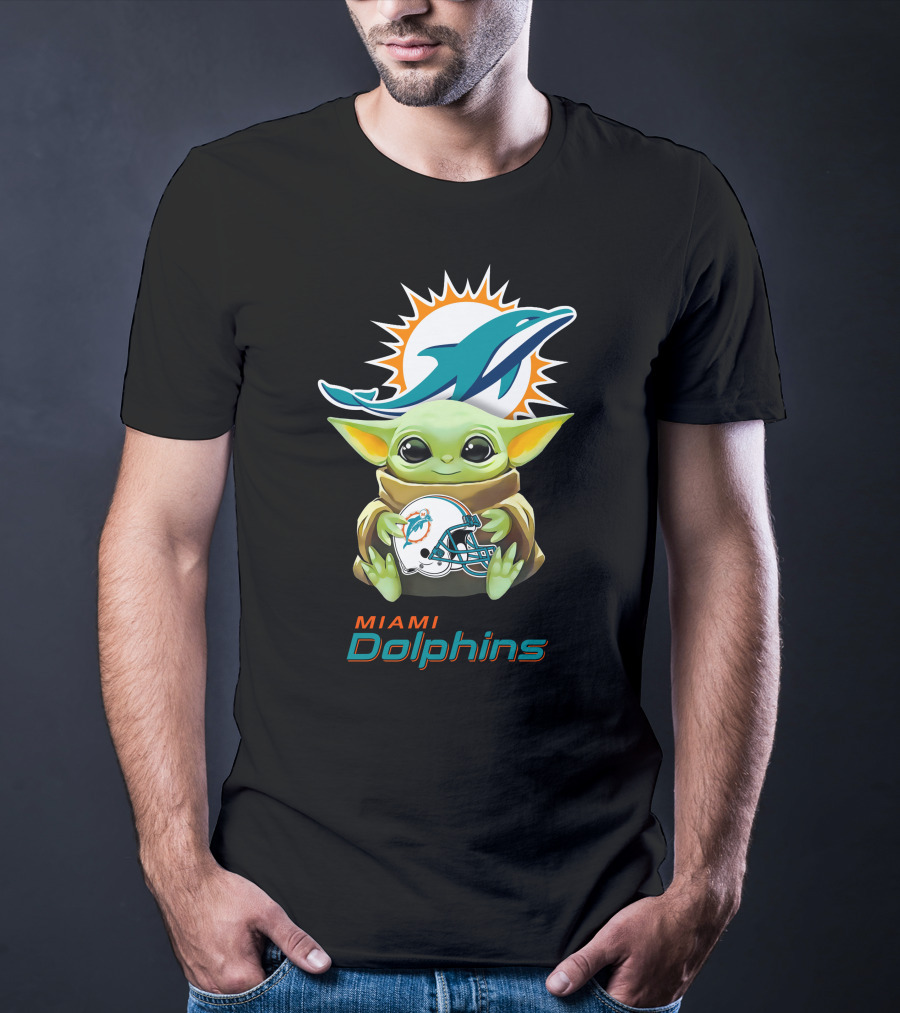 Miami Dolphins Grogu Holding Helmet Baby Yoda T-Shirt