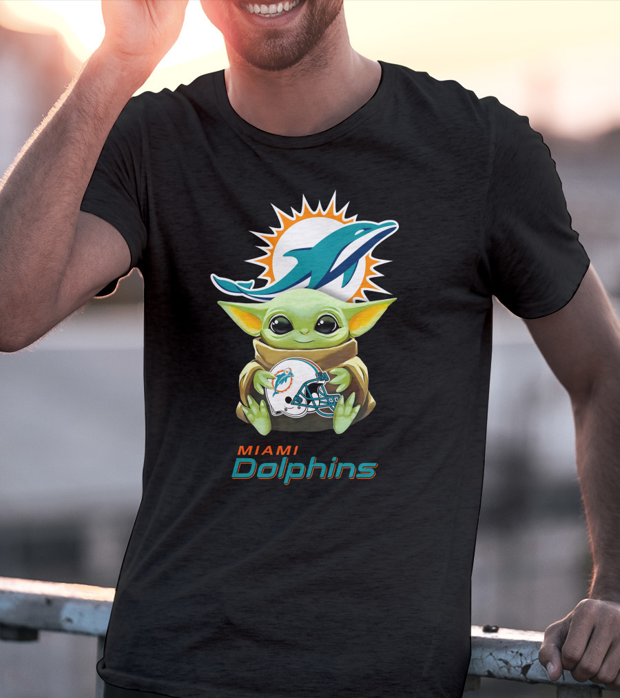 Miami Dolphins Grogu Holding Helmet Baby Yoda T-Shirt