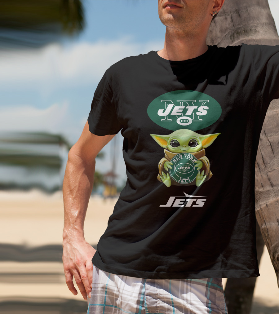 Grogu Holding New York Jets Emblem And Logo Combination T-Shirt