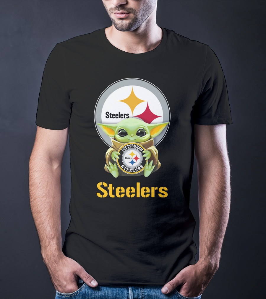 Grogu Holding Pittsburgh Steelers Emblem With Steelers Text T-Shirt