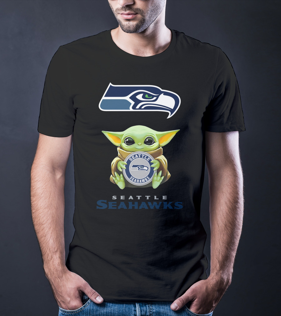 Grogu Holding Seattle Seahawks Logo Emblem With Team Name T-Shirt