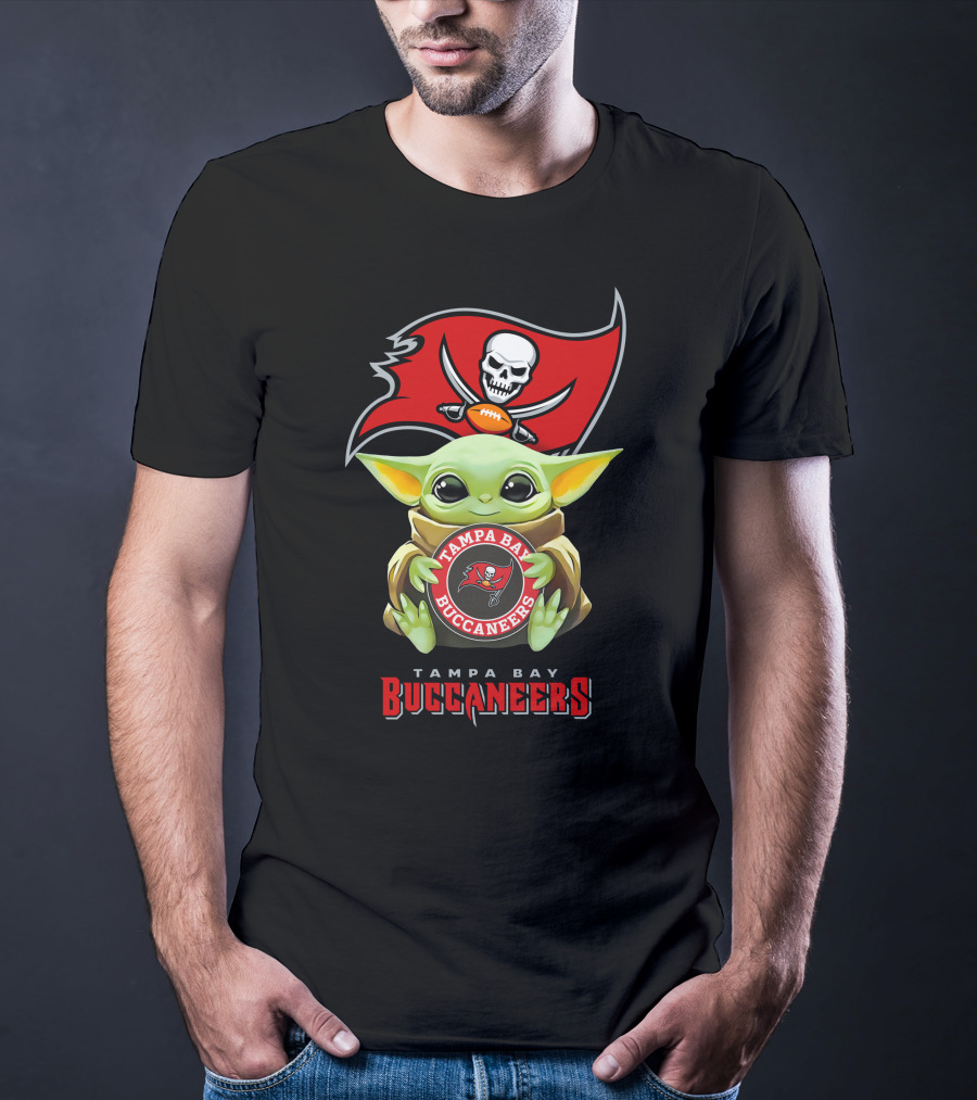 Tampa Bay Buccaneers Grogu Holding Team Logo With Pirate Flag T-Shirt