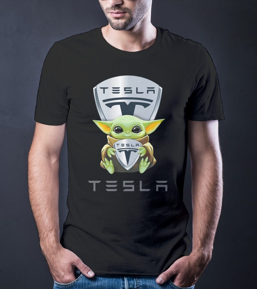 Grogu Holding Tesla Logo Shield Emblem T-Shirt