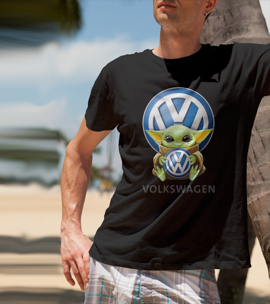 Grogu Holding Volkswagen Logo With Volkswagen Aktiengesellschaft Text T-Shirt