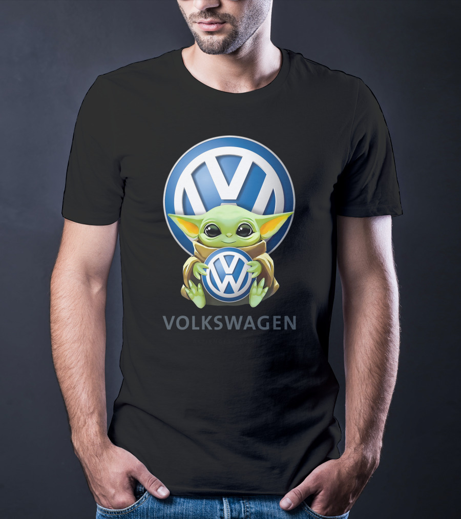 Grogu Holding Volkswagen Logo With Volkswagen Aktiengesellschaft Text T-Shirt