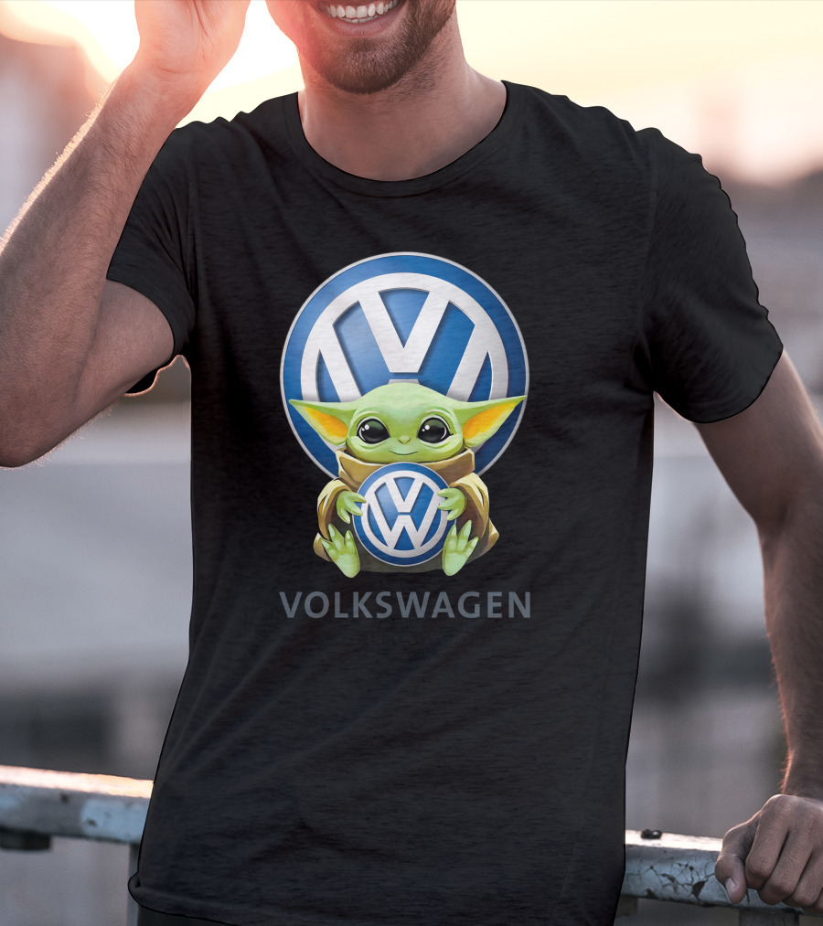 Grogu Holding Volkswagen Logo With Volkswagen Aktiengesellschaft Text T-Shirt