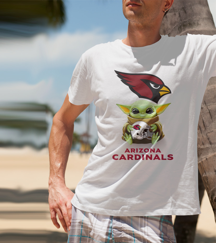 Grogu Holding Arizona Cardinals Helmet With Team Logo And Name T-Shirt
