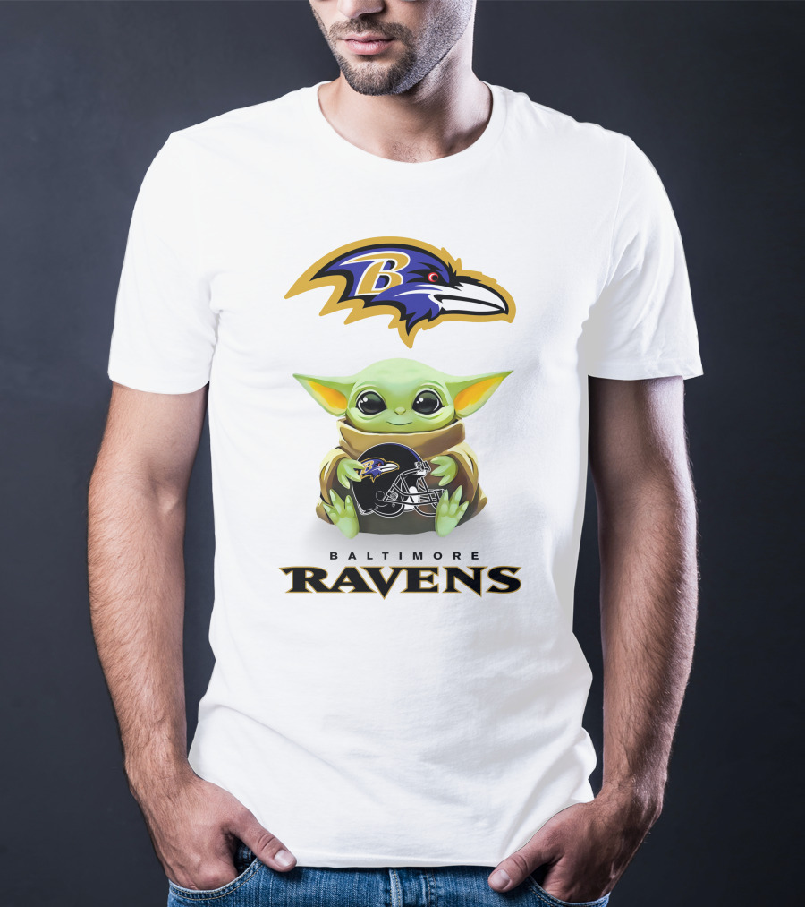 Baltimore Ravens Baby Yoda Hugging Football Helmet Logo Ravens T-Shirt