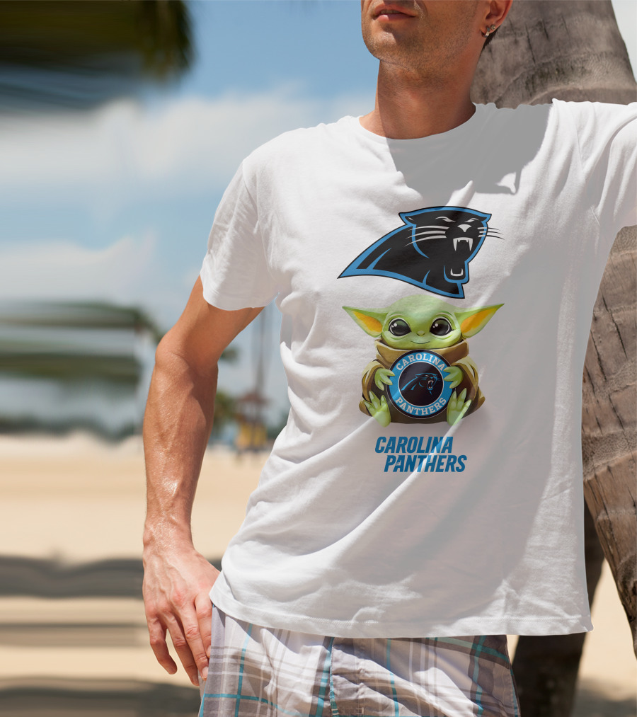 Grogu Holding Carolina Panthers Emblem With Team Logo In White T-Shirt