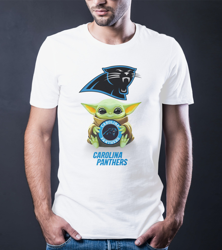 Grogu Holding Carolina Panthers Emblem With Team Logo In White T-Shirt