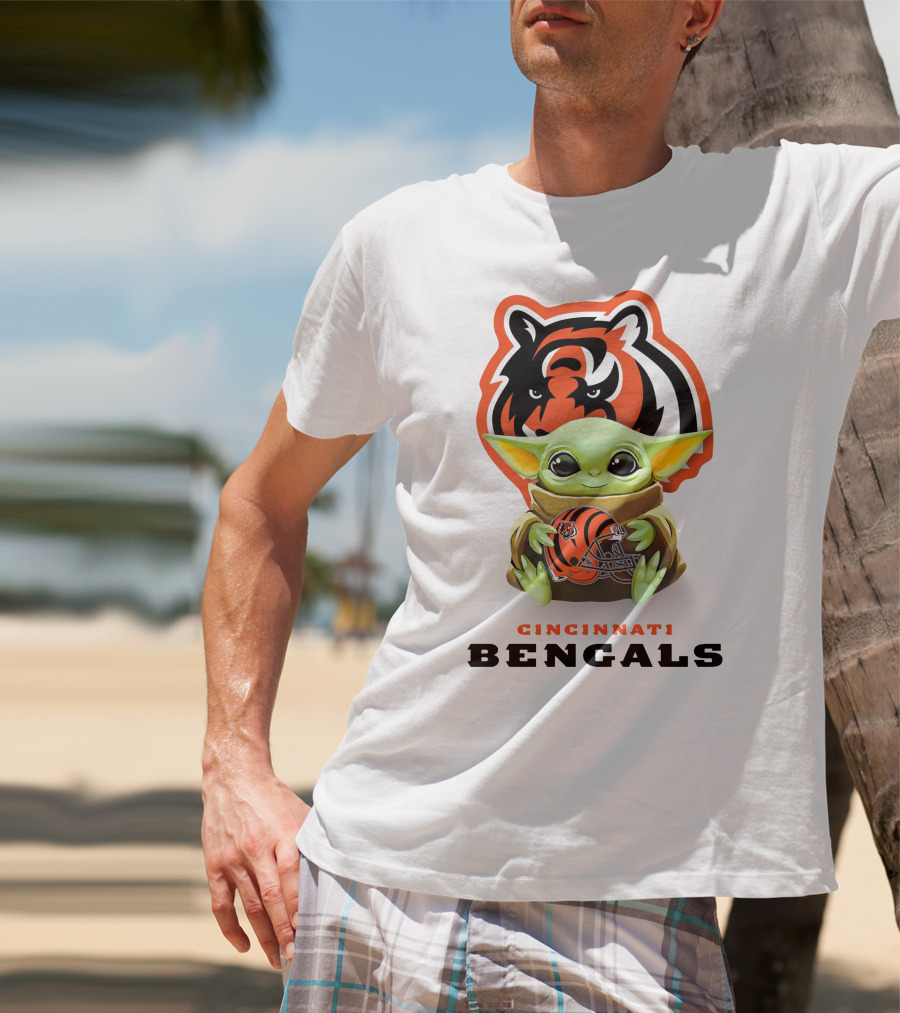 Grogu Holding Cincinnati Bengals Helmet With Team Logo And Colors T-Shirt