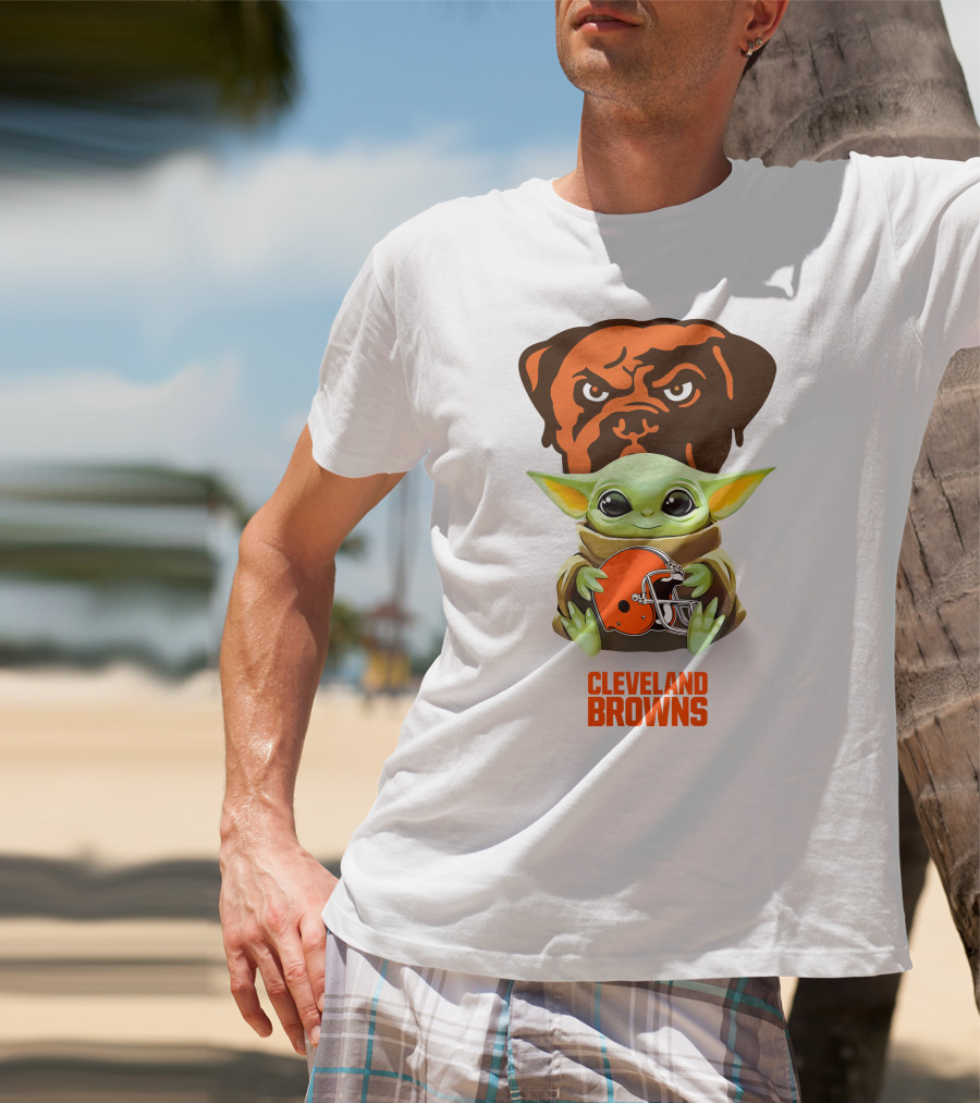 Grogu Holding Cleveland Browns Helmet With Brown Dog T-Shirt
