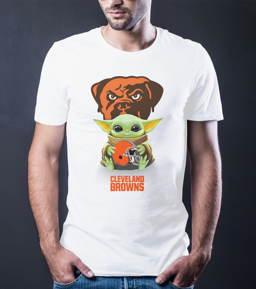 Grogu Holding Cleveland Browns Helmet With Brown Dog T-Shirt