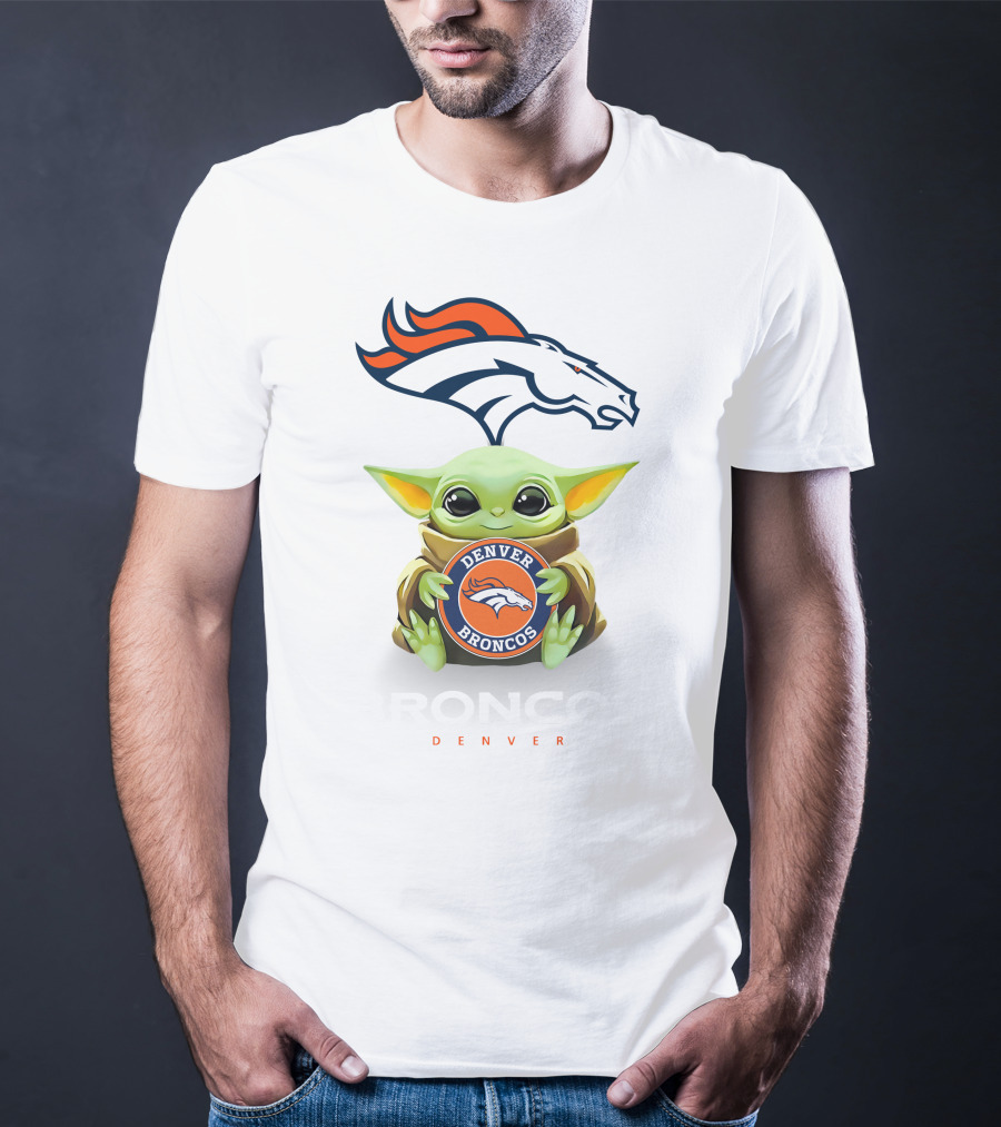 Grogu Hugging Denver Broncos Sign With Broncos Logo Above T-Shirt