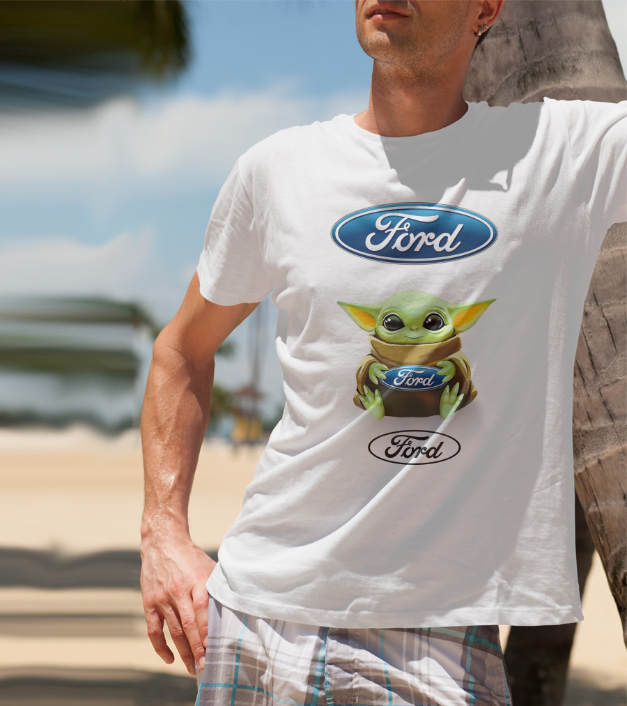 Ford Logo Grogu Hug Plush Mandalorian Baby Yoda White T-Shirt