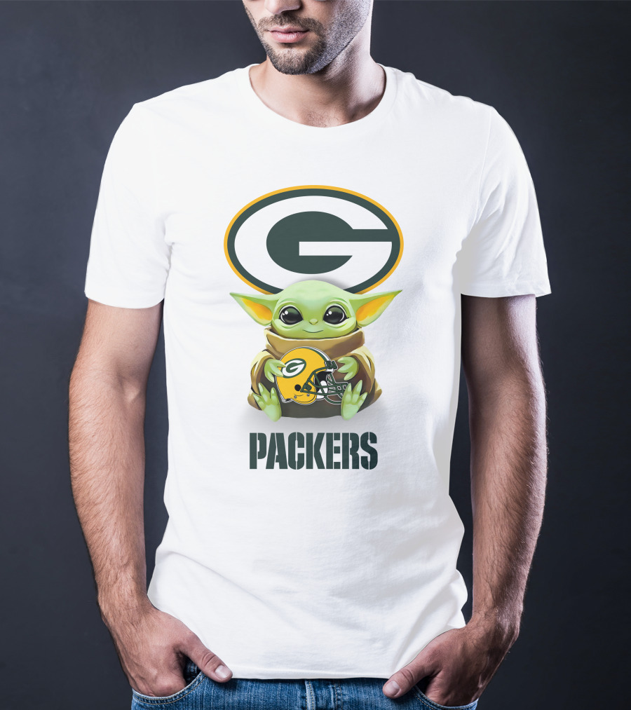 Grogu Holding Green Bay Packers Helmet With Logo And Text Packers T-Shirt