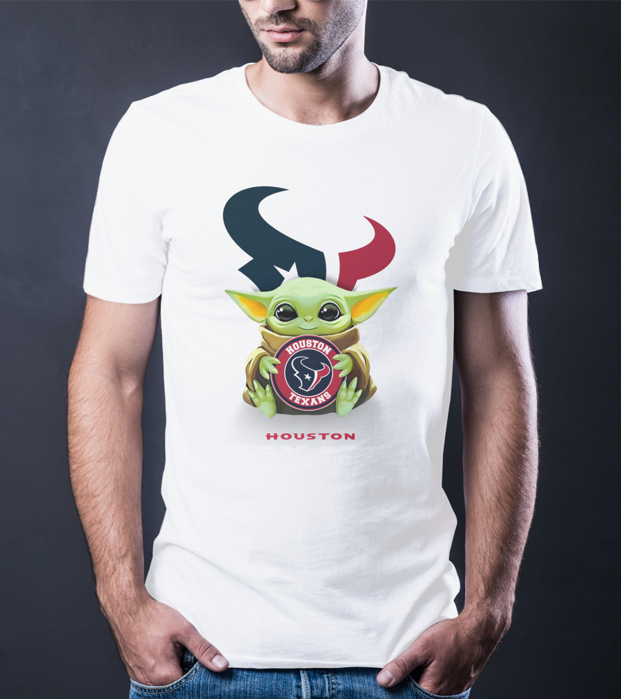 Grogu Holding Houston Texans Emblem With Oversized Logo Background T-Shirt