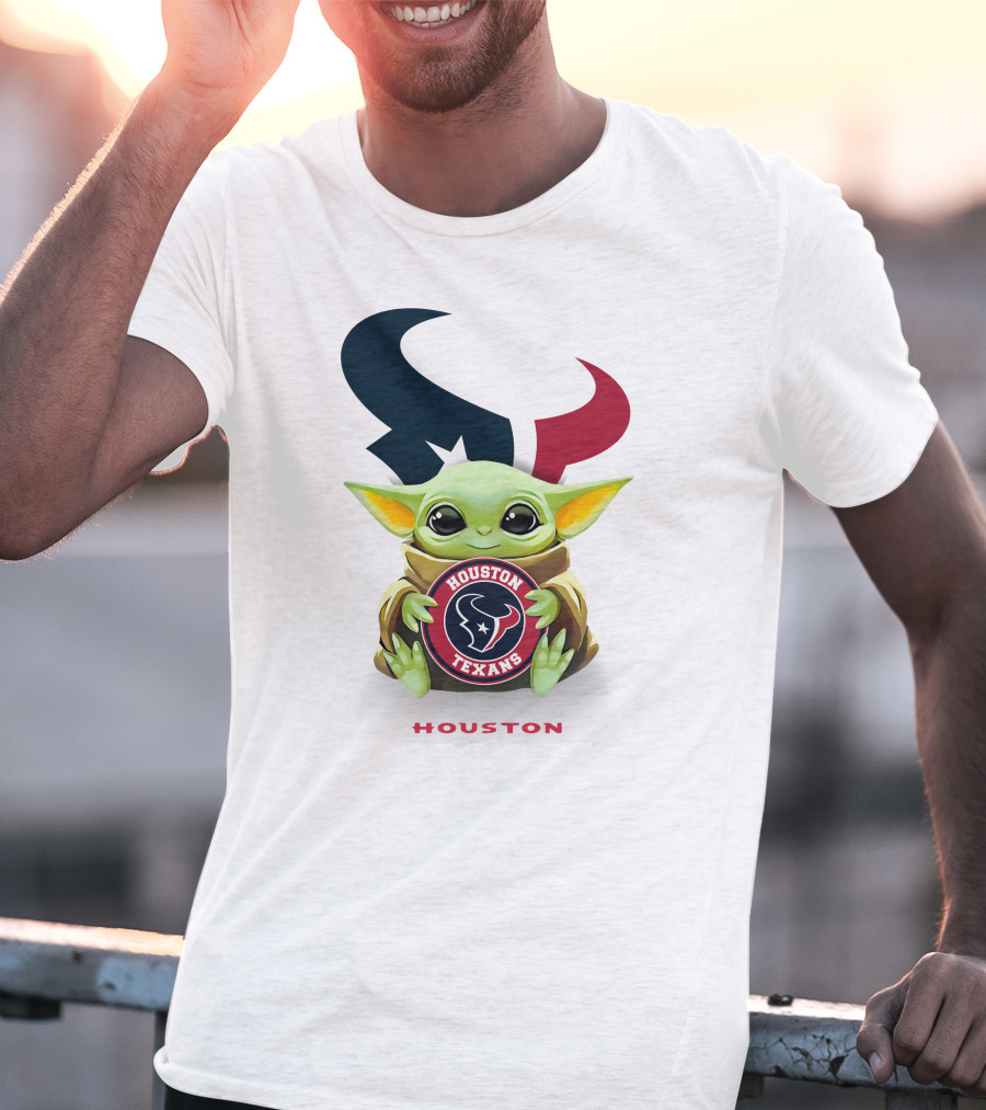 Grogu Holding Houston Texans Emblem With Oversized Logo Background T-Shirt