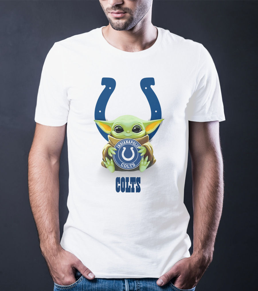 Grogu Holding Indianapolis Colts Emblem With Horseshoe Icon And Colts Text T-Shirt