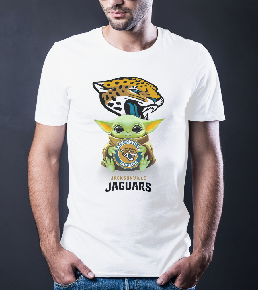 Grogu Holding Jacksonville Jaguars Badge With Mascot In Background T-Shirt