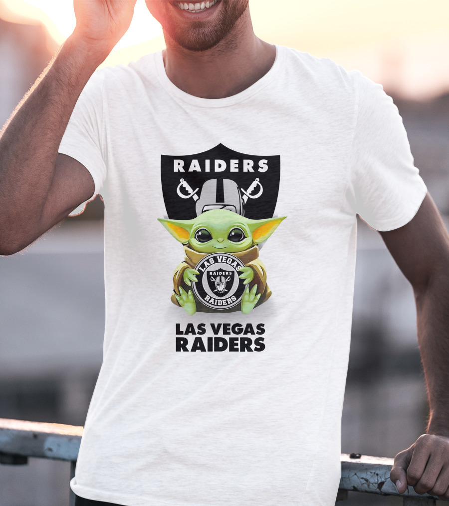 Grogu Holding Las Vegas Raiders Shield With Helmet And Swords T-Shirt