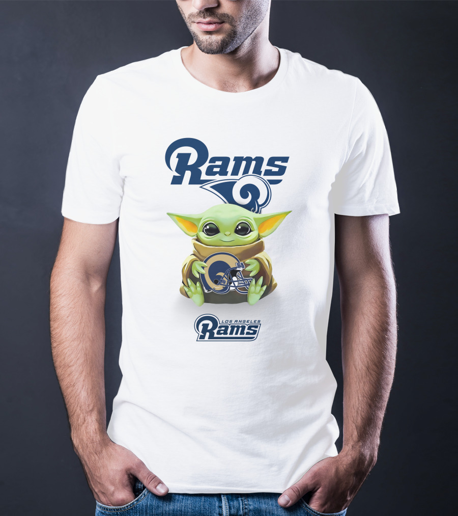 Grogu Holding Los Angeles Rams Helmet With Rams T-Shirt