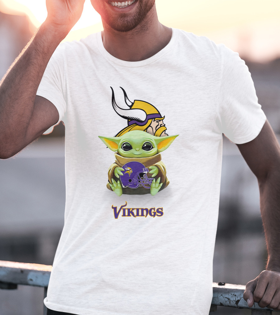 Grogu Holding Minnesota Vikings Helmet Iconic Logo Vikings T-Shirt