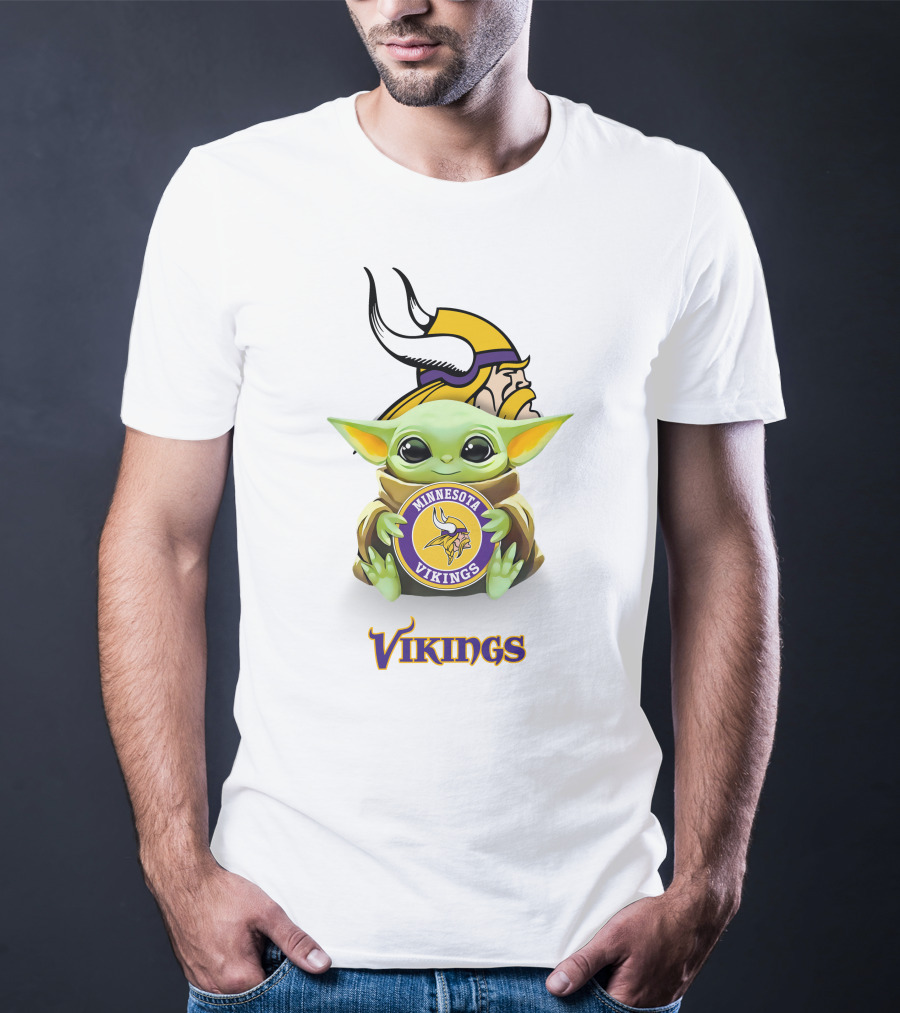 Grogu Holding Minnesota Vikings Symbol With Viking Helmet Background T-Shirt