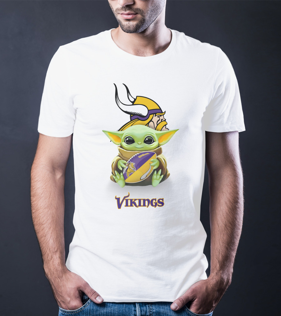 Grogu Holding Minnesota Vikings Football With Vikings T-Shirt