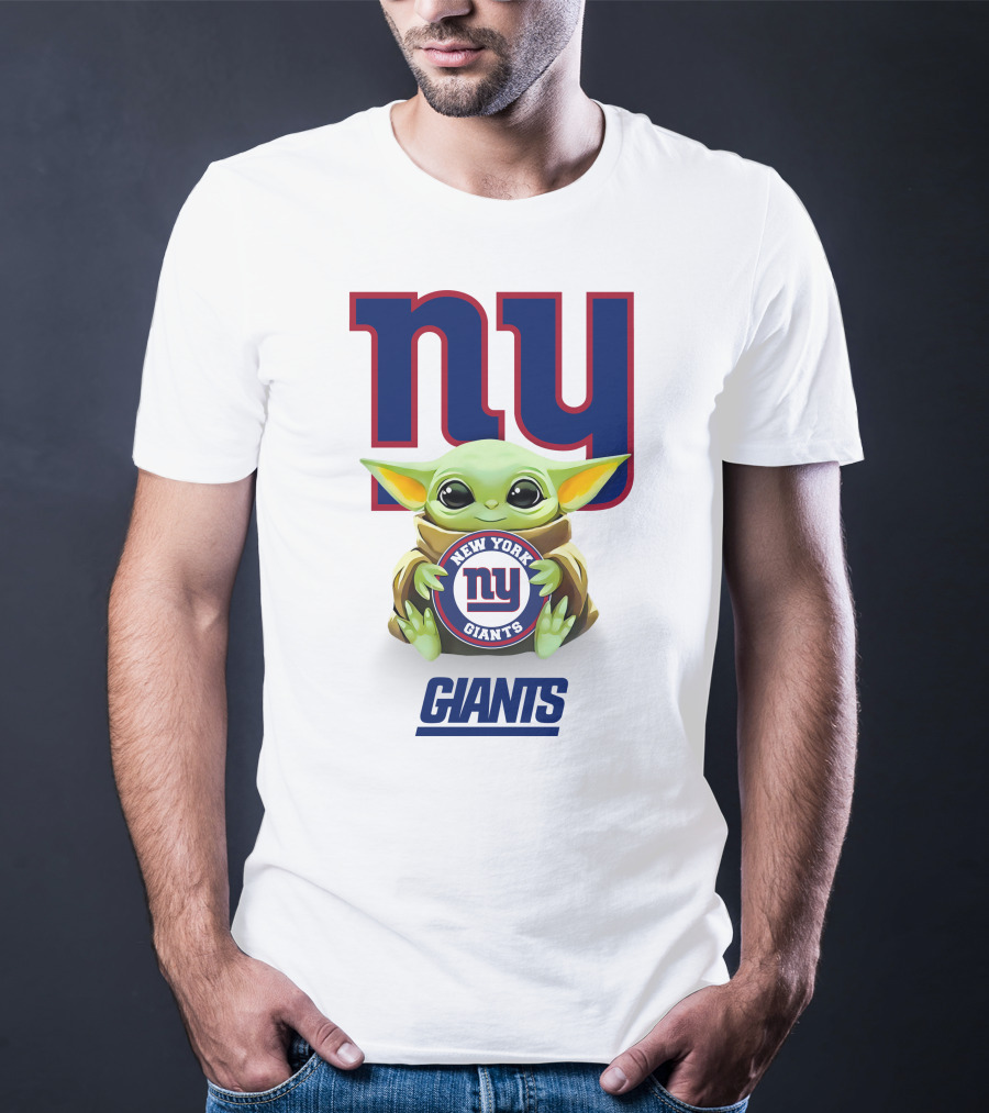 Grogu Holding New York Giants Logo With Giants Text In White T-Shirt