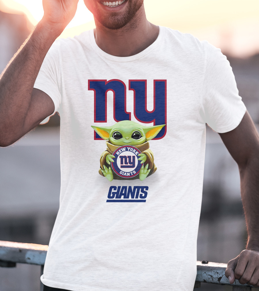 Grogu Holding New York Giants Logo With Giants Text In White T-Shirt