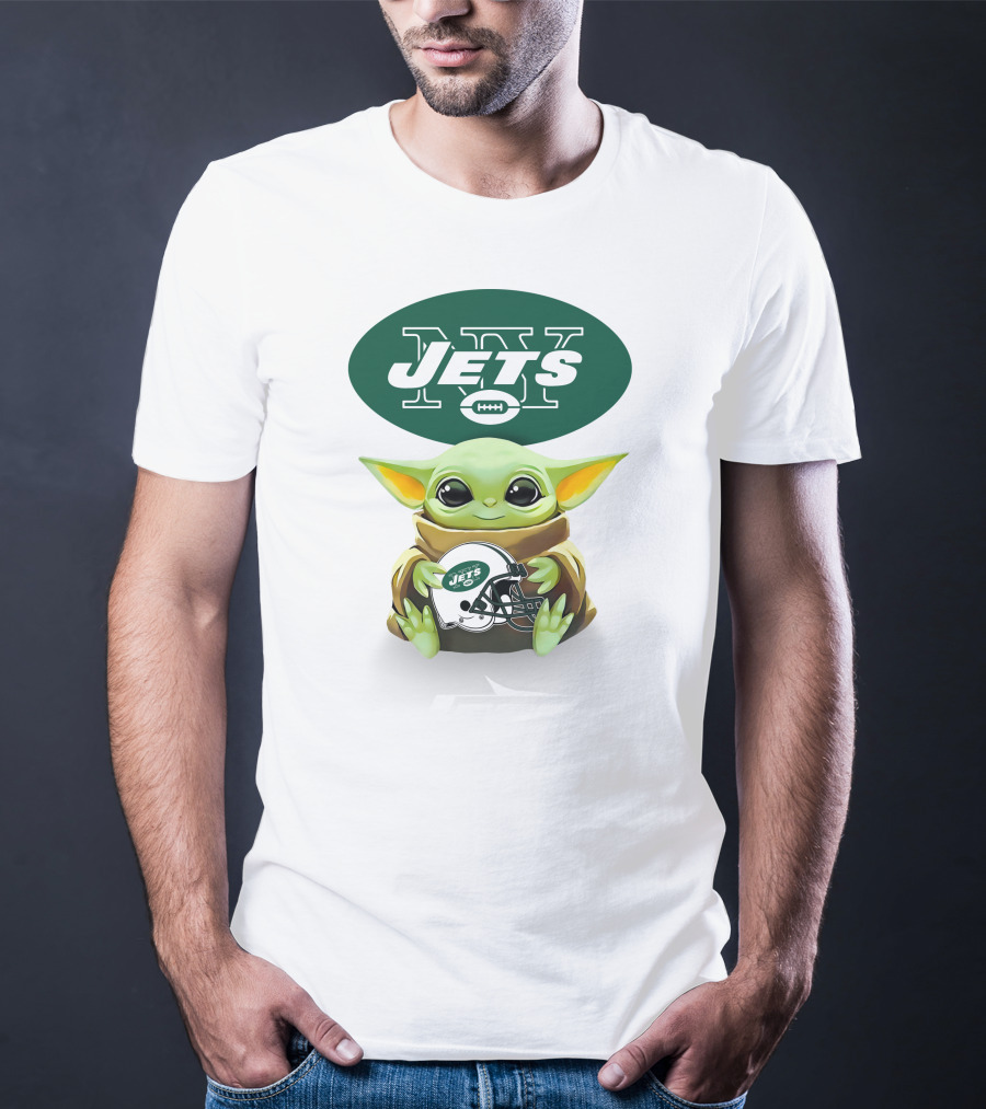 Grogu Holding New York Jets Football Helmet With Team T-Shirt