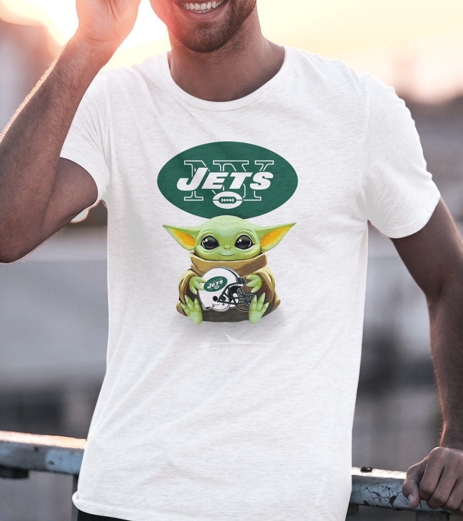 Grogu Holding New York Jets Football Helmet With Team T-Shirt