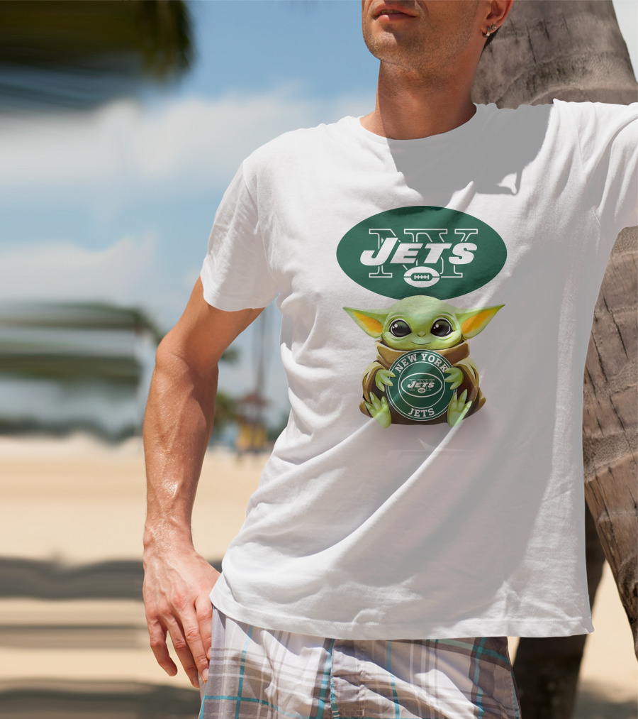 Grogu Holding New York Jets Emblem With NY Jets T-Shirt