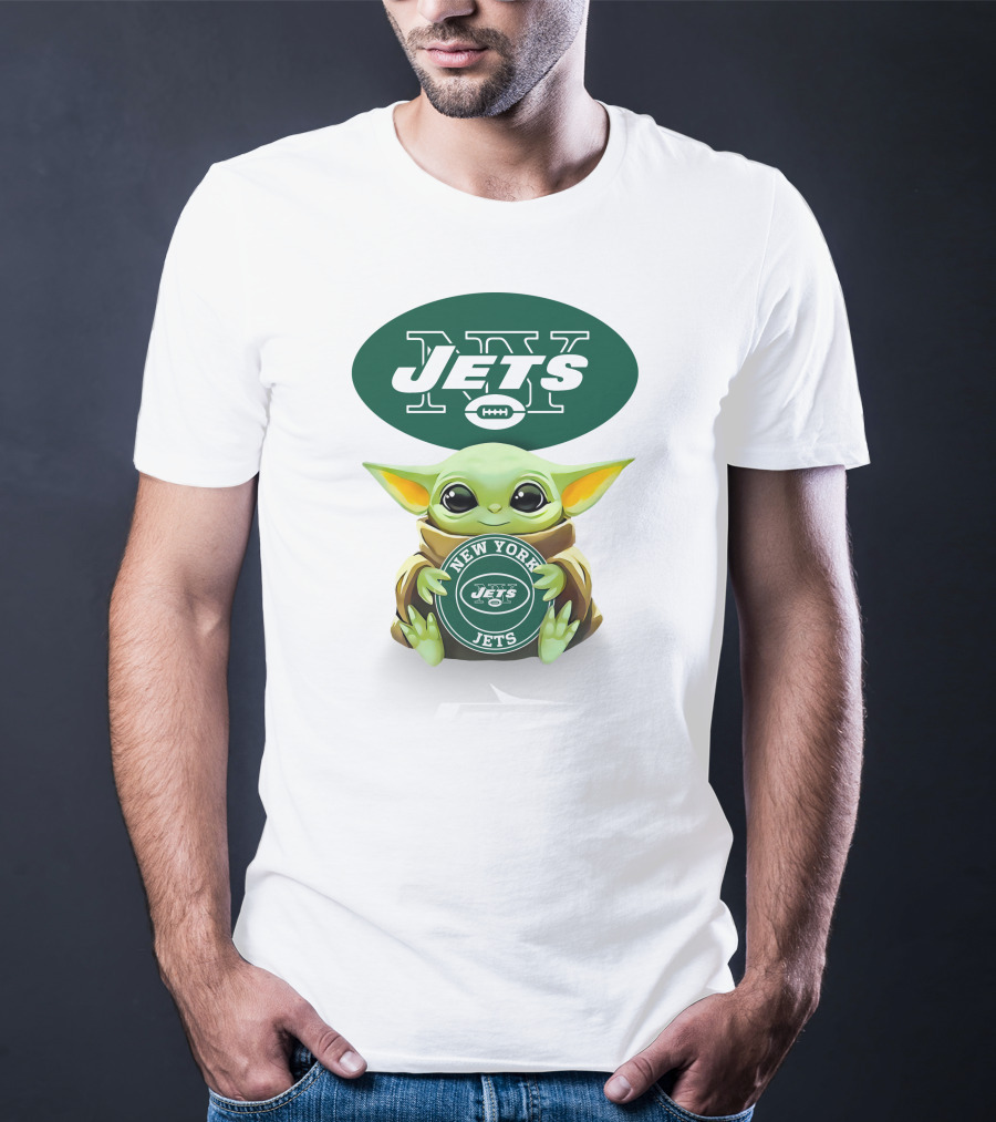 Grogu Holding New York Jets Emblem With NY Jets T-Shirt