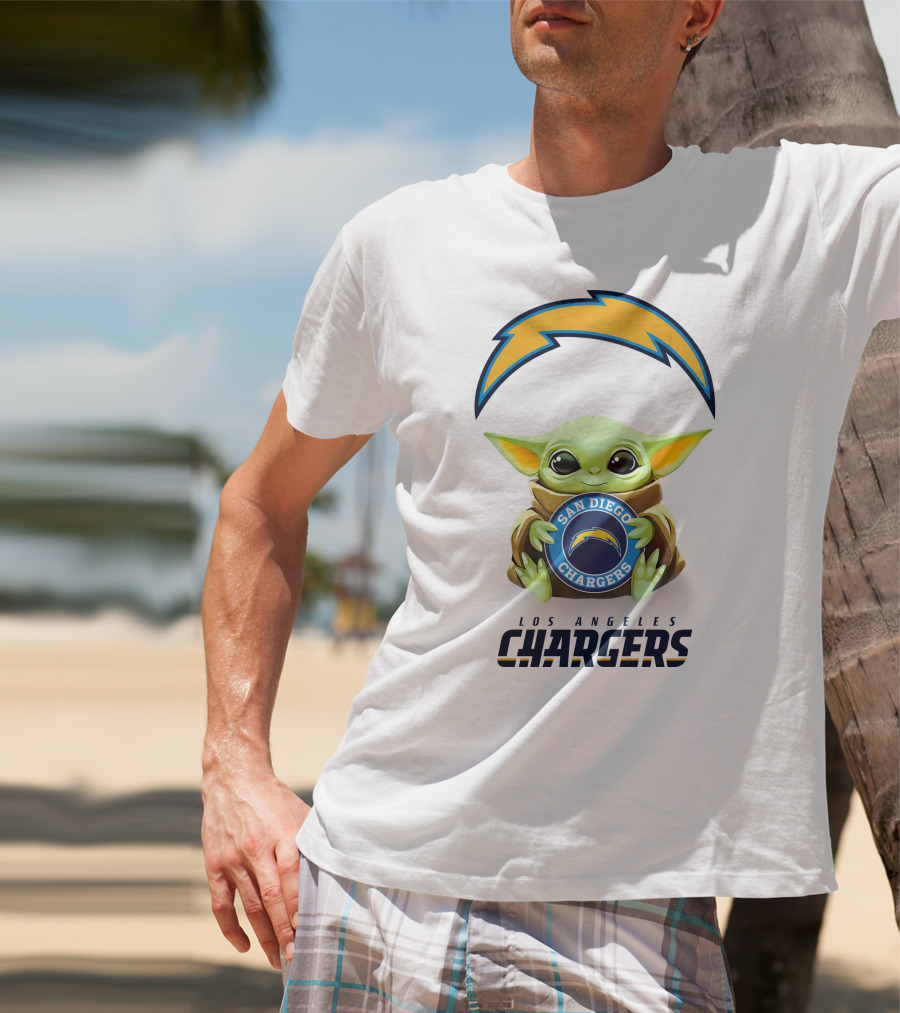 Grogu Holding San Diego Chargers Emblem With Los Angeles Chargers T-Shirt