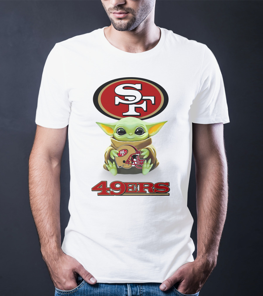 Grogu Hugging San Francisco 49ers SF Helmet Logo 49ers White T-Shirt