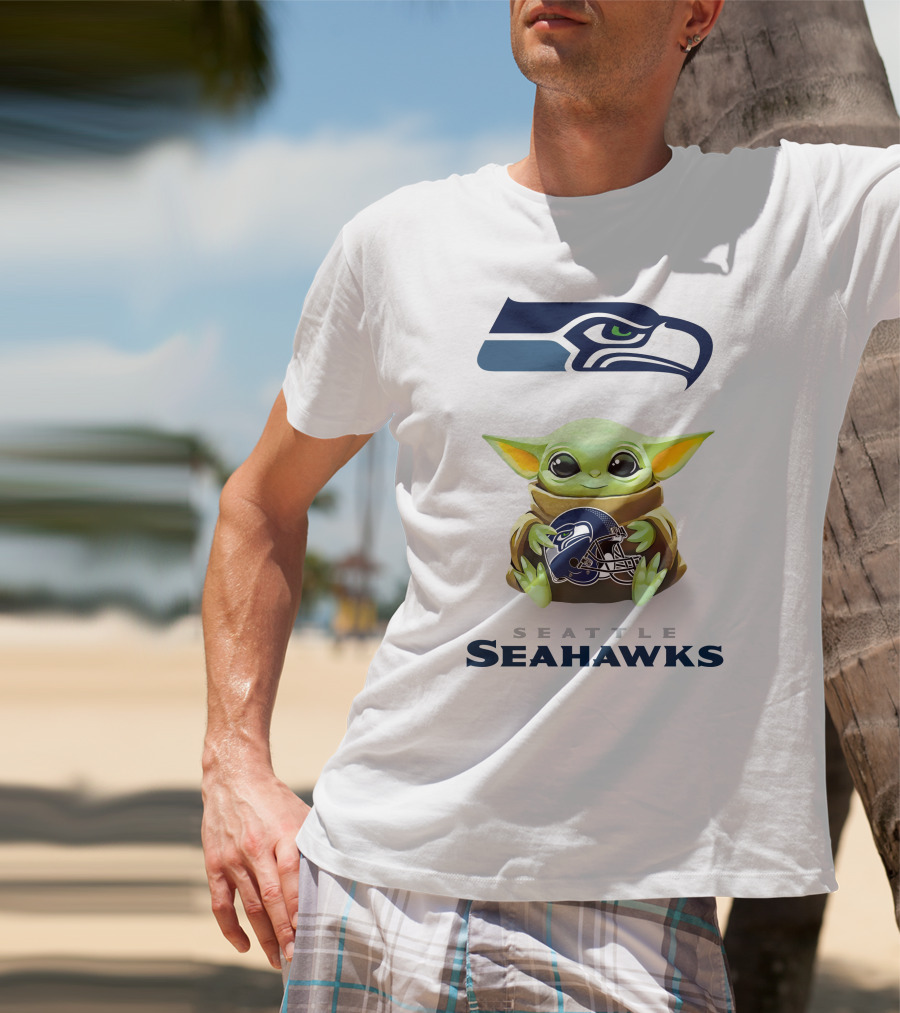 Grogu Holding Seattle Seahawks Helmet T-Shirt