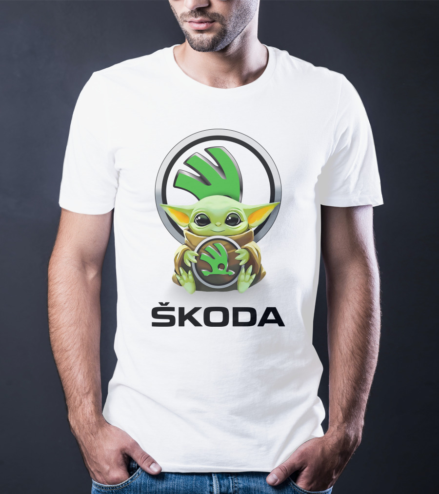 Grogu With Škoda Emblem Hugging Icon With White Background T-Shirt