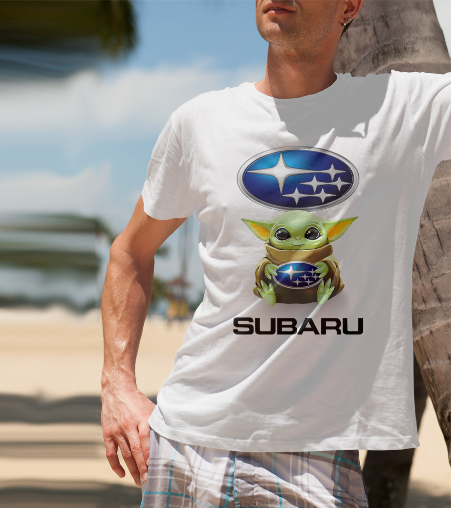 Grogu Holding Subaru Logo With Symbol And Text T-Shirt