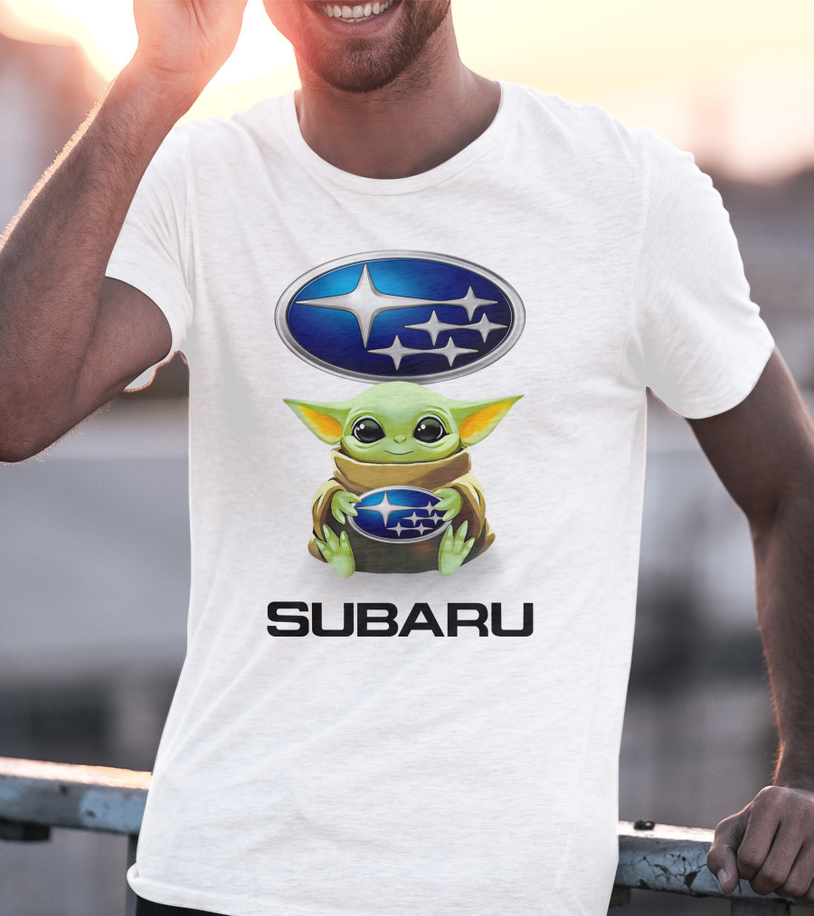 Grogu Holding Subaru Logo With Symbol And Text T-Shirt