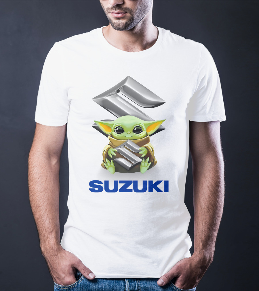 Grogu Hugging Suzuki Logo With Silver Emblem And Brown Cloak T-Shirt