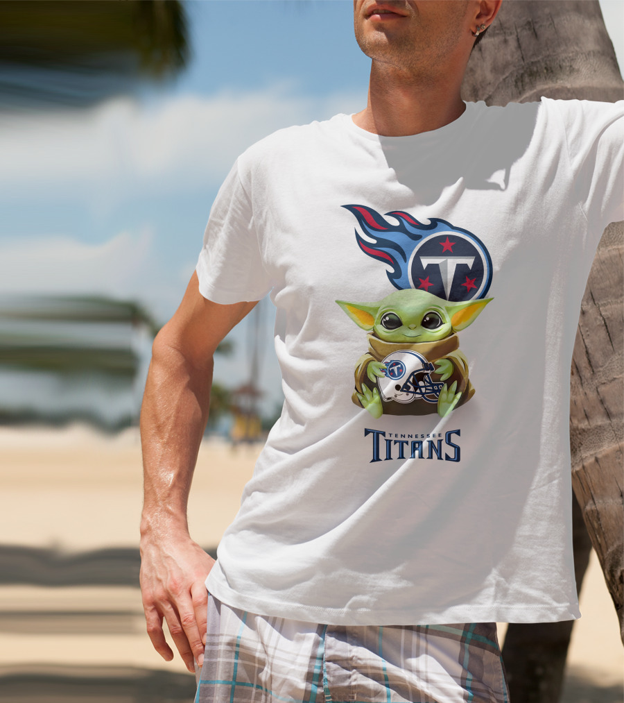 Grogu Holding Tennessee Titans Helmet T-Shirt