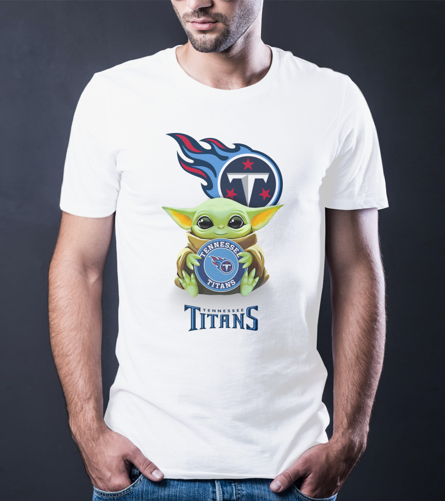 Grogu Holding Tennessee Titans Logo Star Wars Crossover White T-Shirt