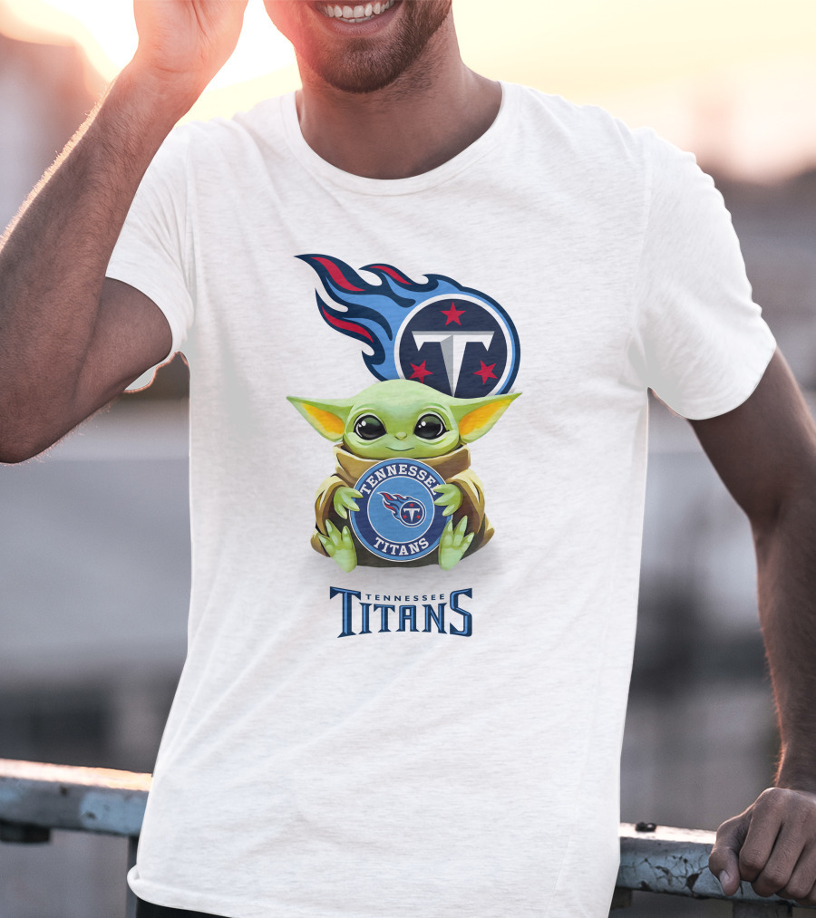 Grogu Holding Tennessee Titans Logo Star Wars Crossover White T-Shirt