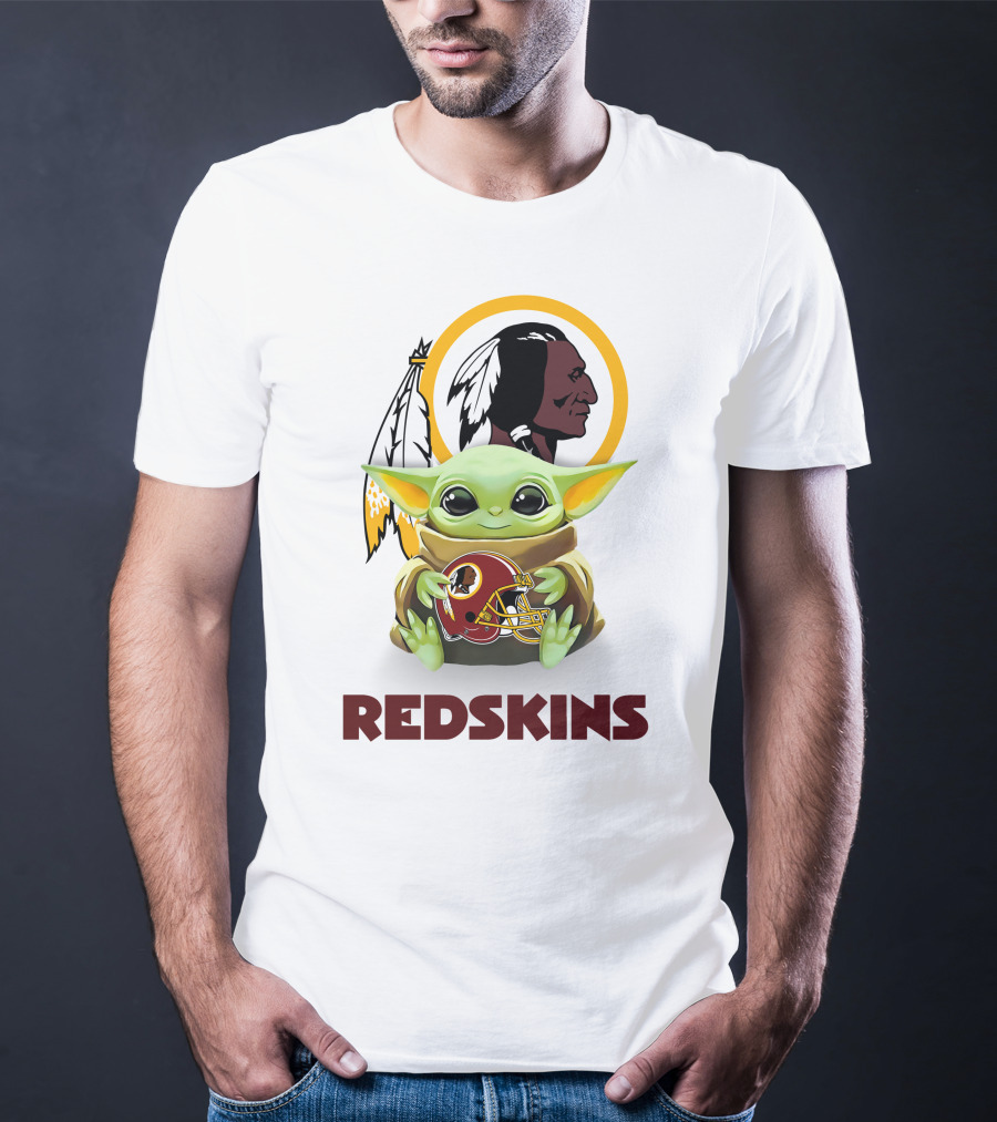 Grogu Hugging Washington Redskins Helmet With Classic Redskins T-Shirt