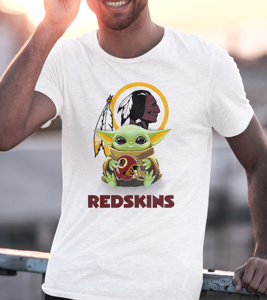 Grogu Hugging Washington Redskins Helmet With Classic Redskins T-Shirt